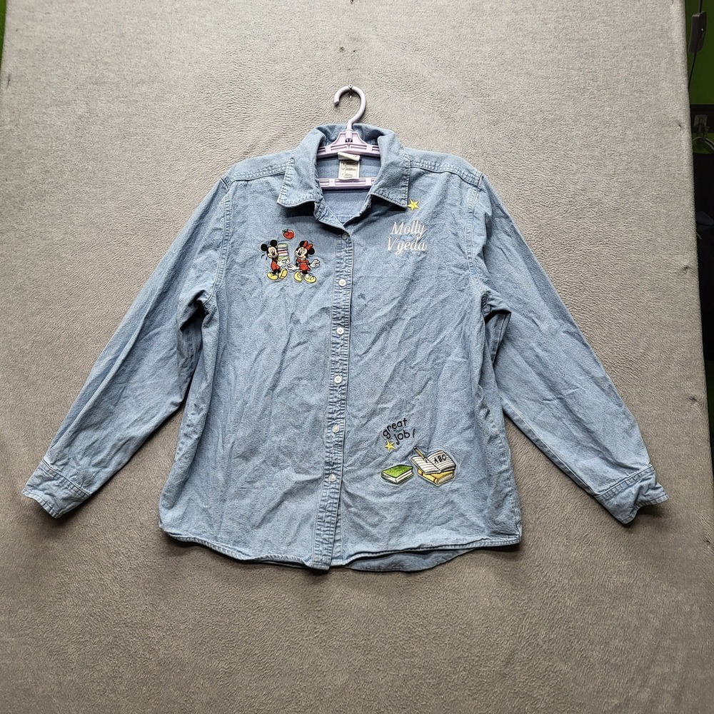Disney Women Button Up Shirt L Light Blue Denim Western Embroidered READ